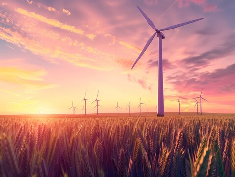 Una turbina eolica è un dispositivo che converte l'energia cinetica del vento in energia elettrica. al tramonto su un terreno coltivato con dati infografici informativi come design di banner 