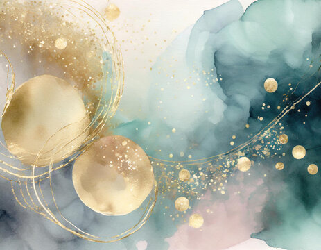 Colored abstract background, golden bubbles, watercolor image in pastel colors