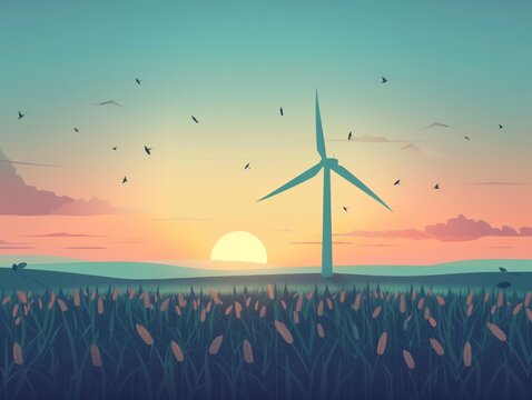 Una turbina eolica è un dispositivo che converte l'energia cinetica del vento in energia elettrica. al tramonto su un terreno coltivato con dati infografici informativi come design di banner 
