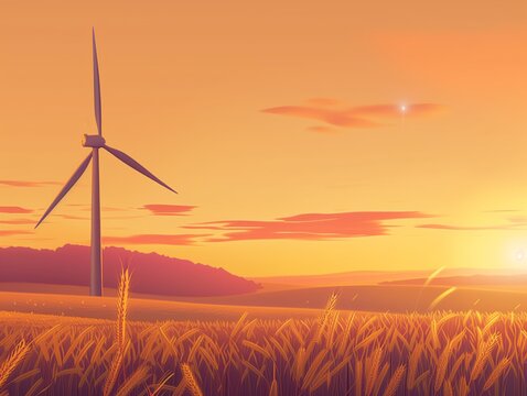 Una turbina eolica è un dispositivo che converte l'energia cinetica del vento in energia elettrica. al tramonto su un terreno coltivato con dati infografici informativi come design di banner 