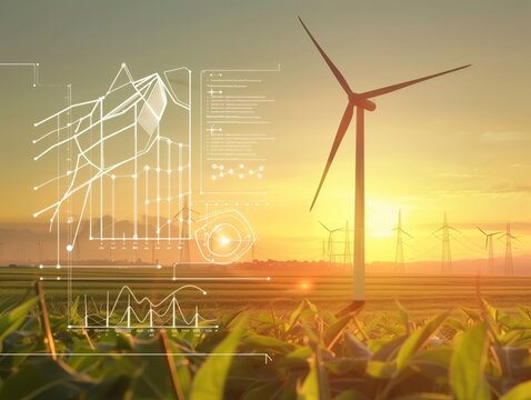 Una turbina eolica è un dispositivo che converte l'energia cinetica del vento in energia elettrica. al tramonto su un terreno coltivato con dati infografici informativi come design di banner  - Powered by Adobe