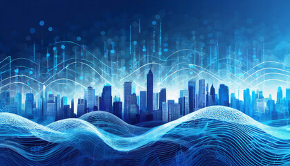 Digital blue sound waves with Smart city skyline and aesthetic Intricate wave line design , big data connection technology concept