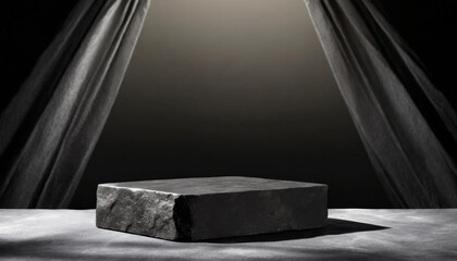 Empty black stone platform podium stand for advertising on black geometric background with light reflection. Mockup. Front view