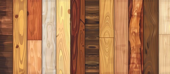 Assorted wooden planks showcasing a variety of colors and shades for crafting or construction purposes - obrazy, fototapety, plakaty