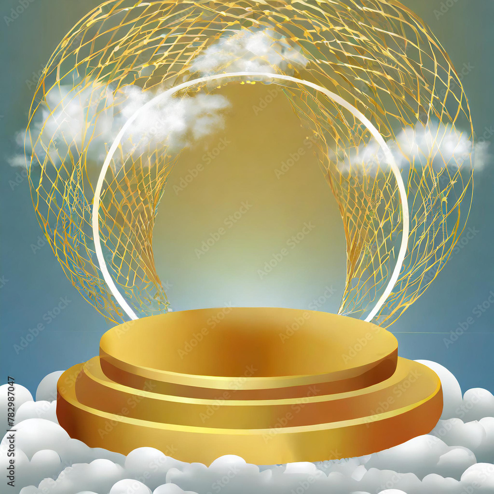 Poster golden round podium with light clouds, a stage for a new product with an empty copy space