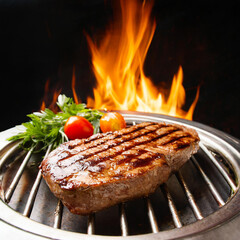 Grilled meat steak on stainless grill depot with flames on dark background. Food and cuisine concept.