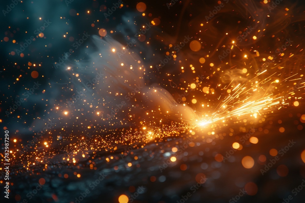 Poster this image captures the dynamic interplay of light and shadow with sparkling particles and glowing t