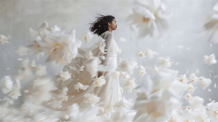 花の中に佇む女性