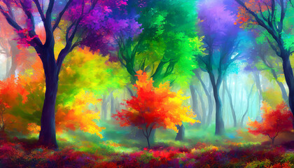Obraz na płótnie Canvas landscape in a fabulous forest, rainbow spectrum of colorful autumn trees in unusual neon lighting, fog background autumn fantasy