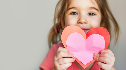 Little girl holding red and pink paper hearts cut out of paper. Valentine love charity donation concept