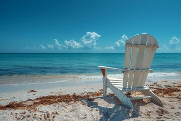 An inviting white Adirondack chair facing the ocean on a clear day, symbolizing leisure and tranquility