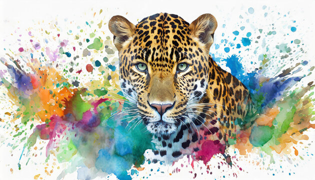 Jaguar, spotted tiger, wild cat, leopard in colored splashes of watercolor paints on a white background