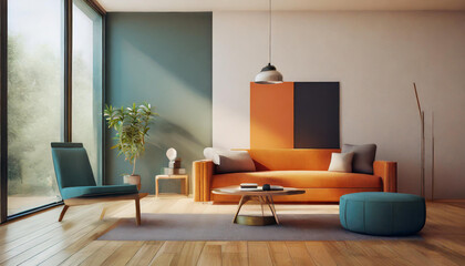 Minimalist Interior of modern living room 3D rendering