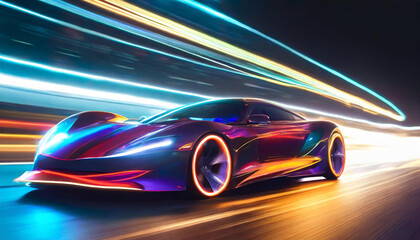 Modern futuristic car in movement. Sports luxury cars lights on the road at night time. Timelapse, hyperlapse of transportation. Motion blur, light trails, abstract soft glowing lines on street road