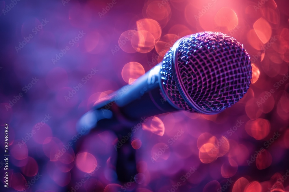 Aufkleber a close-up image of a microphone on stage, bokeh lights in the background give a sense of performanc