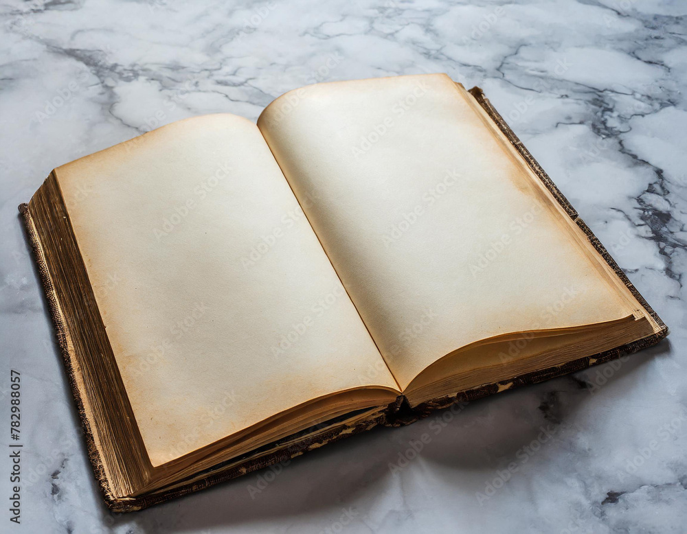 Poster old opened book with blank pages on white gray marble background. top view. mockup template book pag