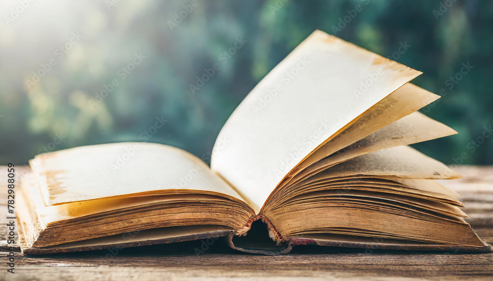 Poster Old opened book with blank pages on table