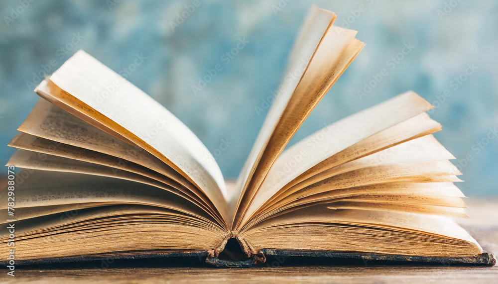 Poster old opened book with blank pages on table
