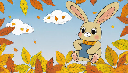 Fototapeta premium plush rabbit toy cartoon autumn leaves background leaf fall abstract generated hare blank calendar yellow leaves on sky background