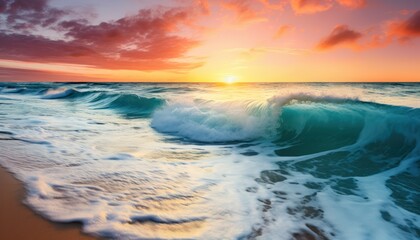 Naklejka premium Beautiful sunset reflection on the wave. Powerful storm surge before gurgling and foaming, ocean wave panoramic background
