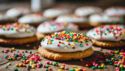 Professional food photography of frosted sugar cookies decorated with colorful sprinkles