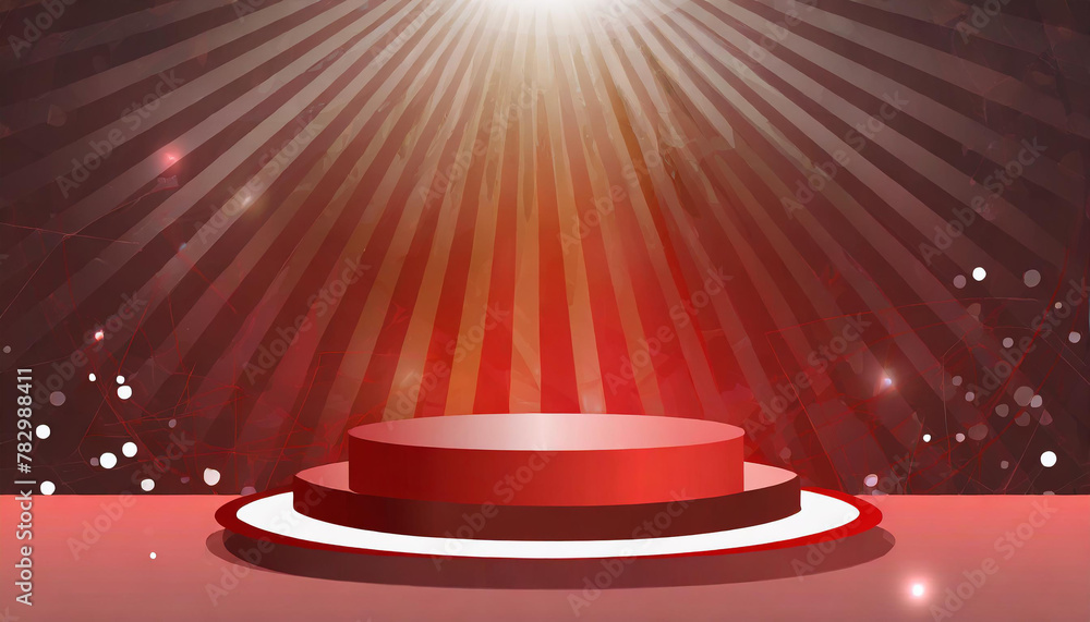 Poster red podium on light stage platform for product display with spotlight on abstract background