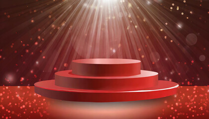 Red podium on light stage platform for product display with spotlight on abstract background