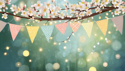 Spring or summer greeting card, invitation. String of lights, bunting flags and cherry blossoms. Modern blurred background. Birthday garden party decoration. Spring concept.  illustration.