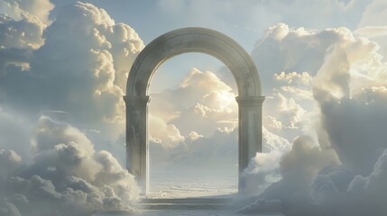 An ethereal archway opens up to a heavenly sky surrounded by billowing clouds, creating a sense of wonder and mystery