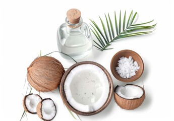 Pure coconut oil in a glass bottle near split coconuts and flakes on a white surface