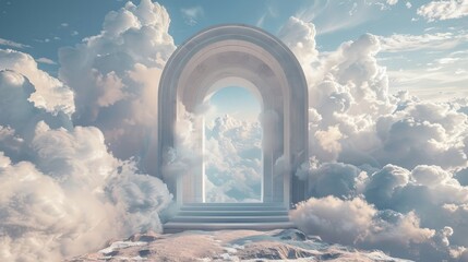 A serene snow-covered landscape with a central majestic arch leading to a dreamlike cloudscape under a soft blue sky