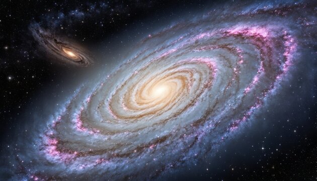 A digital illustration of a spiral galaxy with vibrant pink star-forming regions, accompanied by a distant, smaller galaxy against the cosmos.. AI Generation