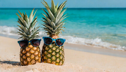 two of funny attractive pineapples in stylish sunglasses on the sand against turquoise sea. Tropical summer vacation concept. Happy sunny day on the beach of tropical island.