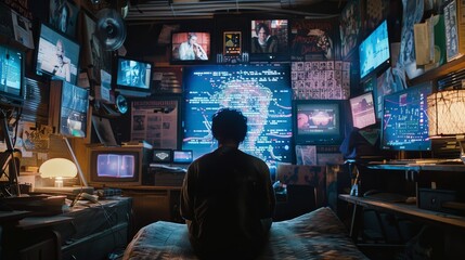 Obraz premium A cutting-edge surveillance room filled with screens displaying various data and images, suggesting high-level security or data analysis