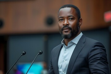 Confident Businessman Delivering Keynote Speech. Concept Presentation Skills, Professional Wardrobe, Confident Body Language, Leadership Presence