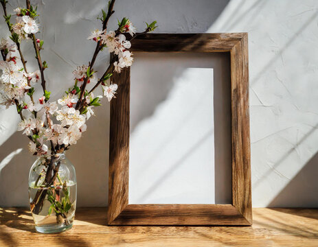 Vertical wooden picture frame, poster mockup in sunlight. Spring, easter composition. Asian interior, home office. Artistic display. Blooming cherry plum tree branches in glass vase. Wooden