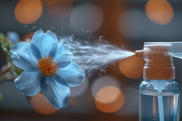 An image capturing a fine mist from an atomizer spraying over a vibrant blue flower with a blurred backgro
