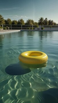 Yellow pool float, ring floating in a refreshing blue swimming pool in summer, vacation, holiday