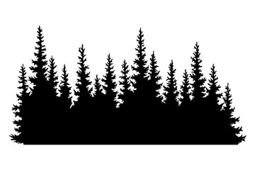 Fir trees silhouette. Coniferous spruce horizontal background pattern, black evergreen woods  illustration. Beautiful hand drawn panorama of coniferous forest