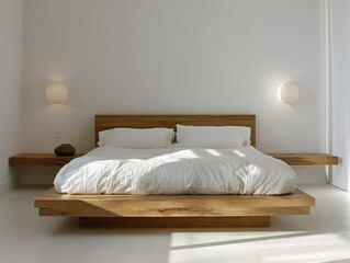 Fototapeta na wymiar Sleek and simple bedroom design featuring a platform bed and modern wall decor in gray.