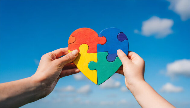 World autism awareness day, Autism spectrum disorder concept. Adult and child hands holding together colorful painted puzzle heart on blue sky background