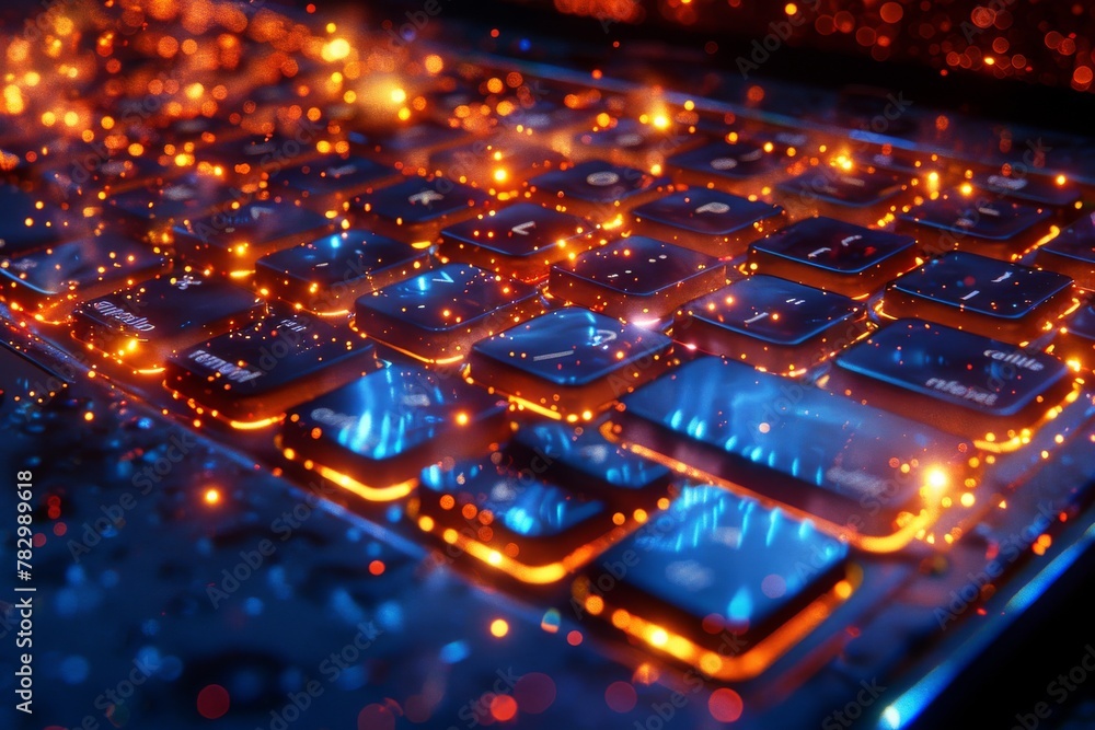 Poster vibrant close-up image of a computer keyboard with glowing orange and blue backlighting and water dr