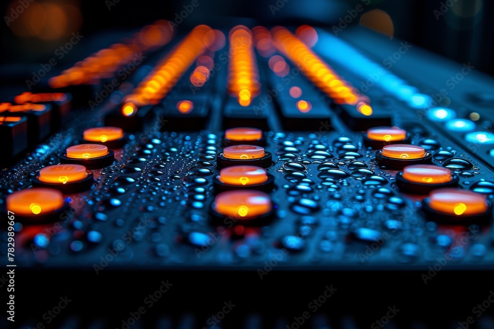 Poster intense image of an electronic keyboard with glistening droplets on orange backlit keys showing tech