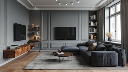 Fototapeta premium Living room interior, minimalist style, straight sofa in the center of the room, in pastel gray tones, with bright accents in the interior, maximum realism, high quality, 8k, isolated edges