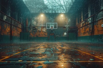Mysterious image capturing a dimly lit abandoned basketball court under the pouring rain surrounded by aged buildings - obrazy, fototapety, plakaty