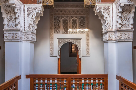 Intricate interior of Ben Youssef Madrasa, founded by the Merenid Sultan Abou el Hassan in the 14th century.