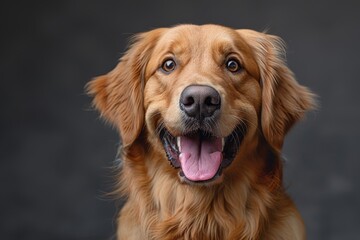 An endearing golden retriever's portrait with a big smile, exuding warmth and friendliness on a contrasting black background - obrazy, fototapety, plakaty