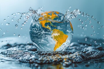 A colorful globe with continents vividly detailed splashes dramatically in water, illustrating...