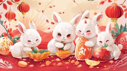 Illustration of fluffy bunnies playing around food and objects for Chinese New Year. Text: Welcome the new year with jade rabbits.
