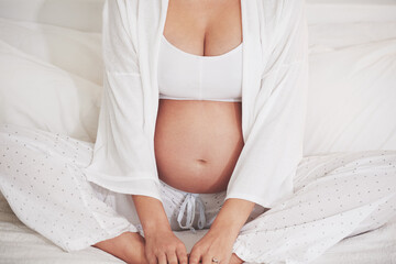 Fototapeta na wymiar Pregnant, mama or sitting in maternity, bed or thinking of health, wellness or peace in home. Pregnancy, woman or rest to hope, imagine or break of future, motherhood or idea of maternal comfort